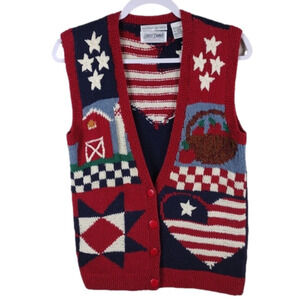 Laura Daniels Knitted By Hand Sleeveless Button Front Patriotic Sweater Vest